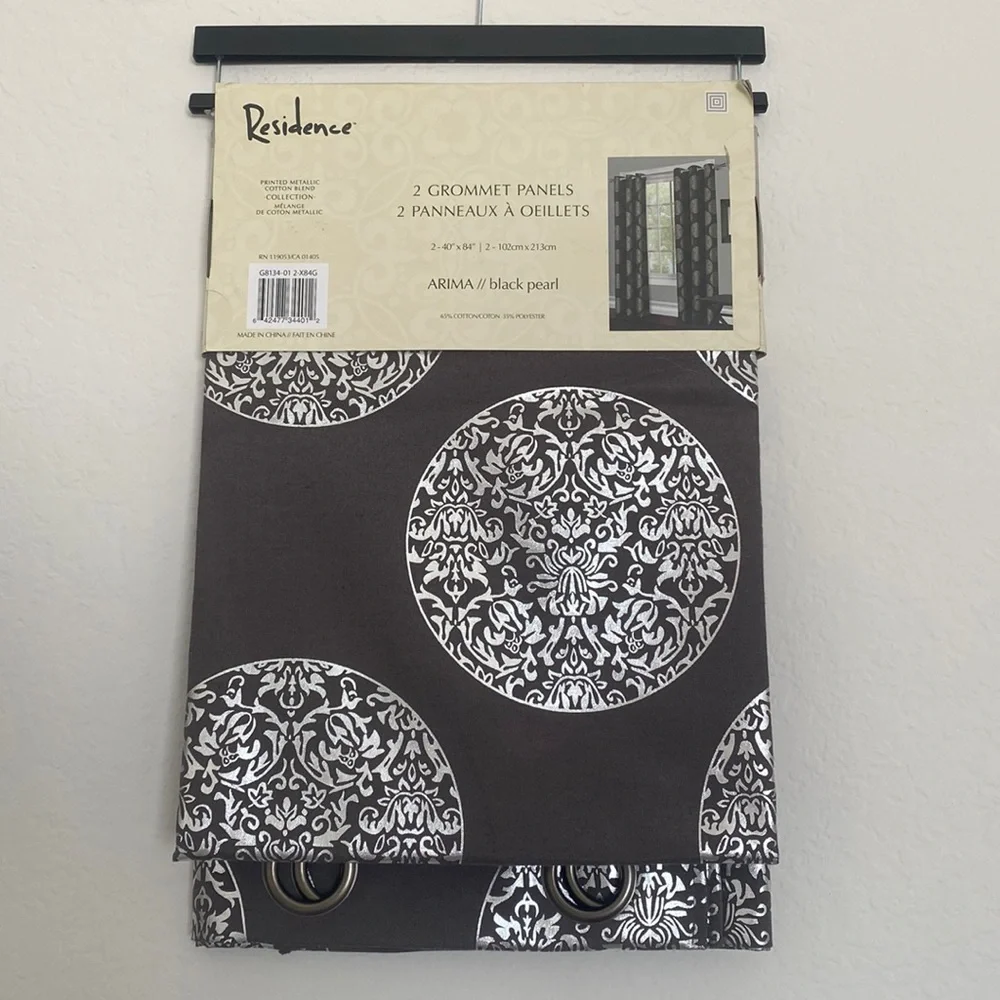Residence - Printed Metallic Charcoal Gray Cotton Grommet Panel Curtains